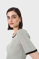 Mint and black binding puff sleeve knit top