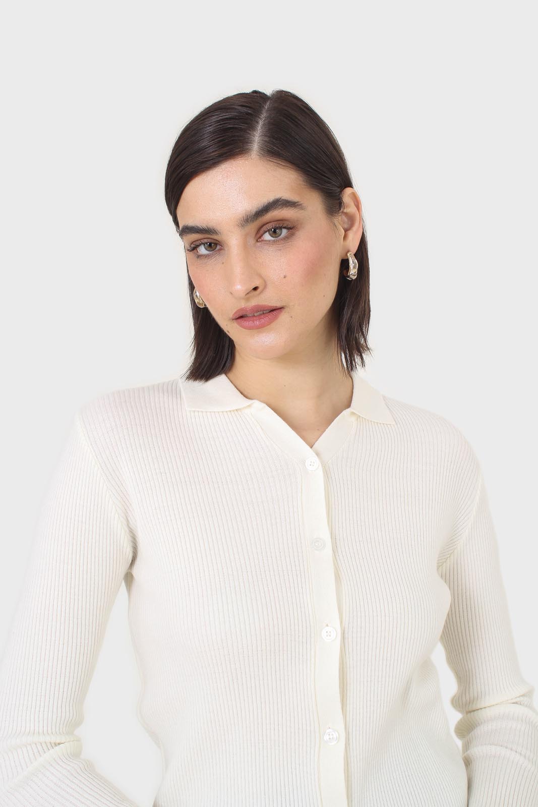 Ivory button front polo knit top