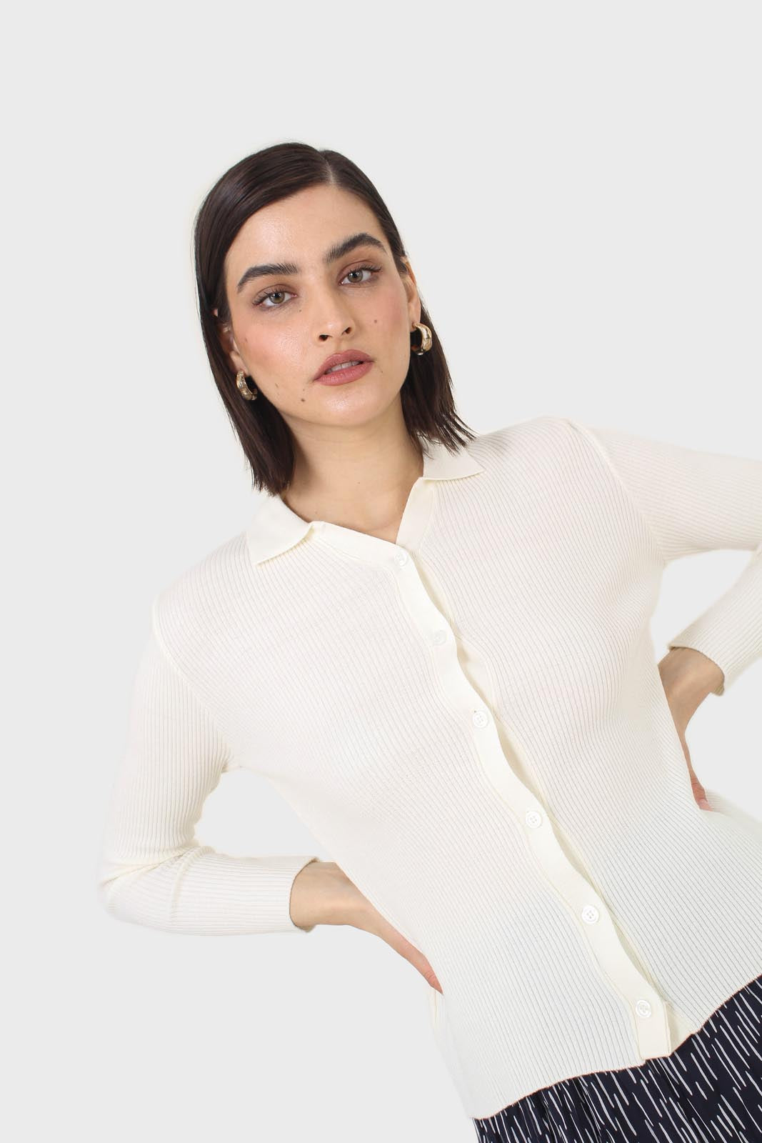 Ivory button front polo knit top
