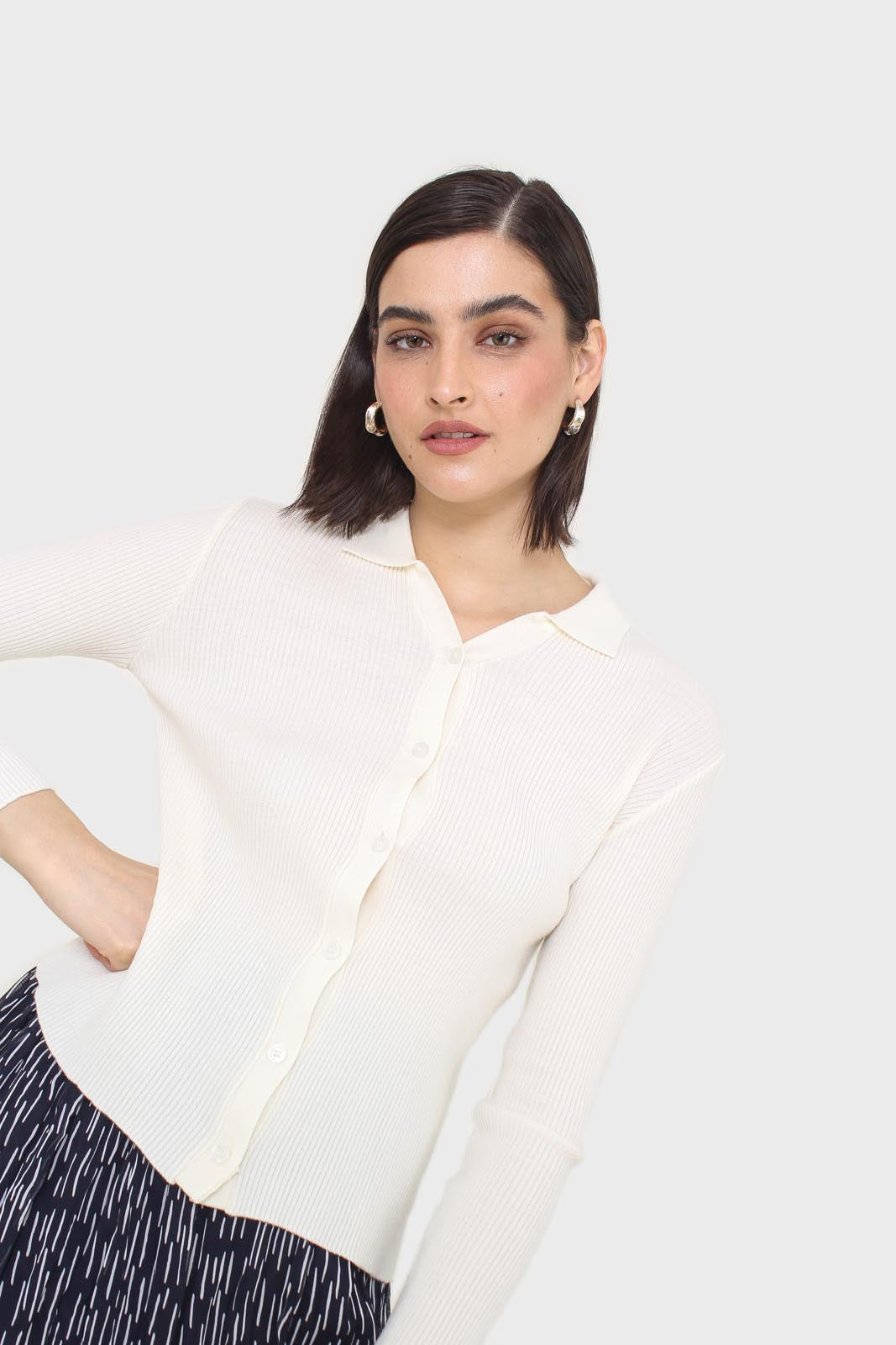 Ivory button front polo knit top