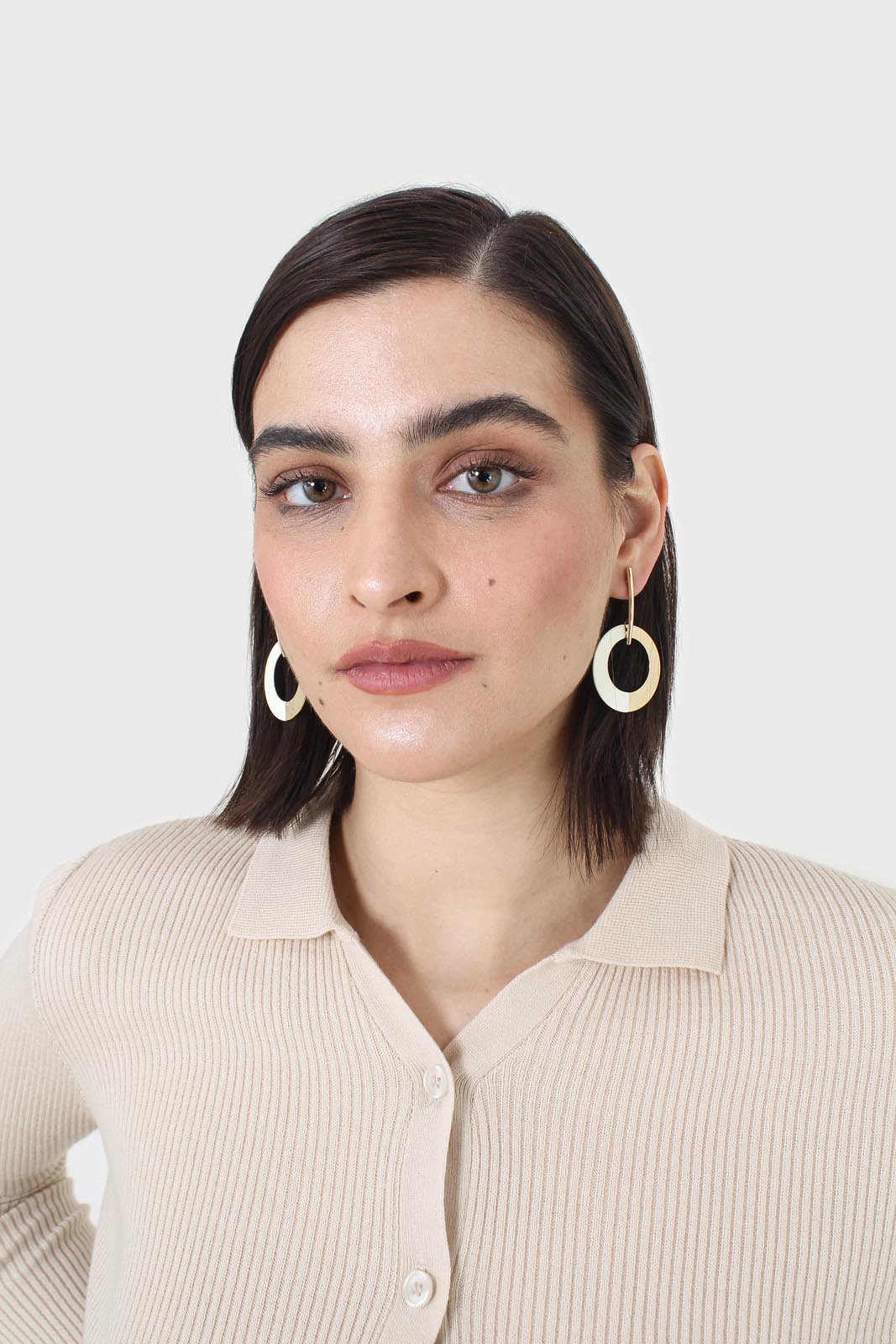 Beige button front polo knit top