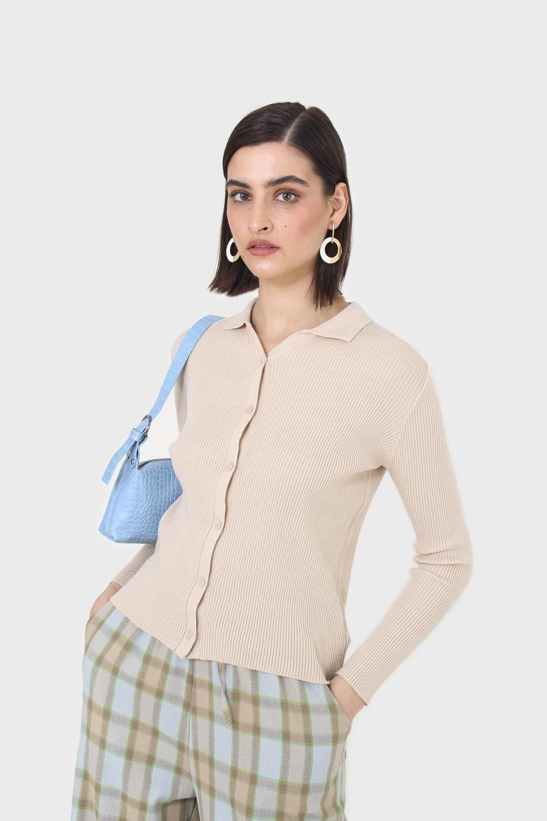 Beige button front polo knit top