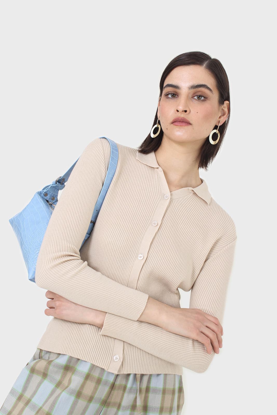 Beige button front polo knit top