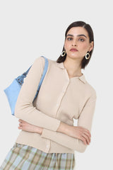 Beige button front polo knit top