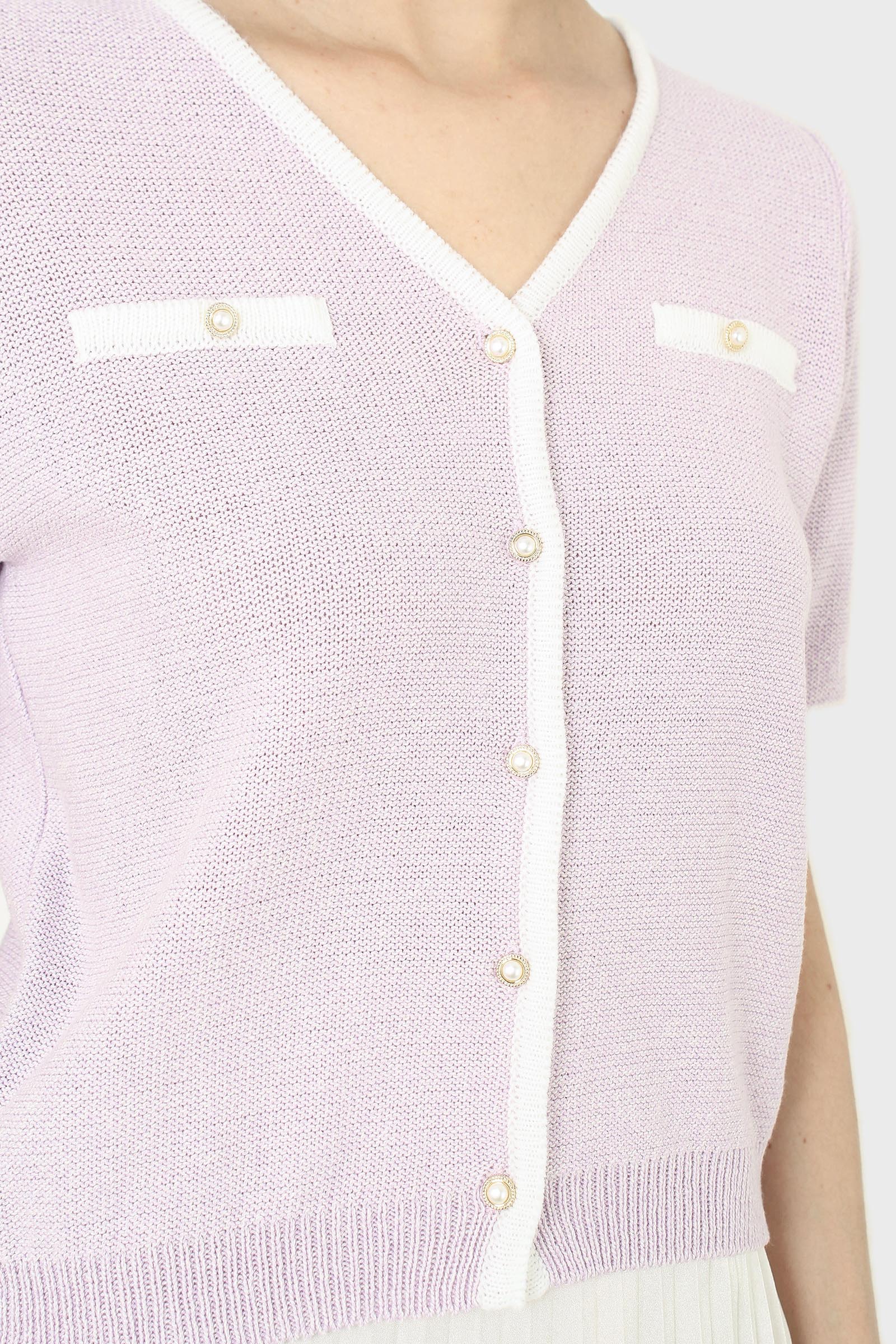 Lilac short sleeved button front knit top
