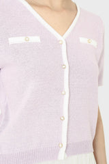 Lilac short sleeved button front knit top