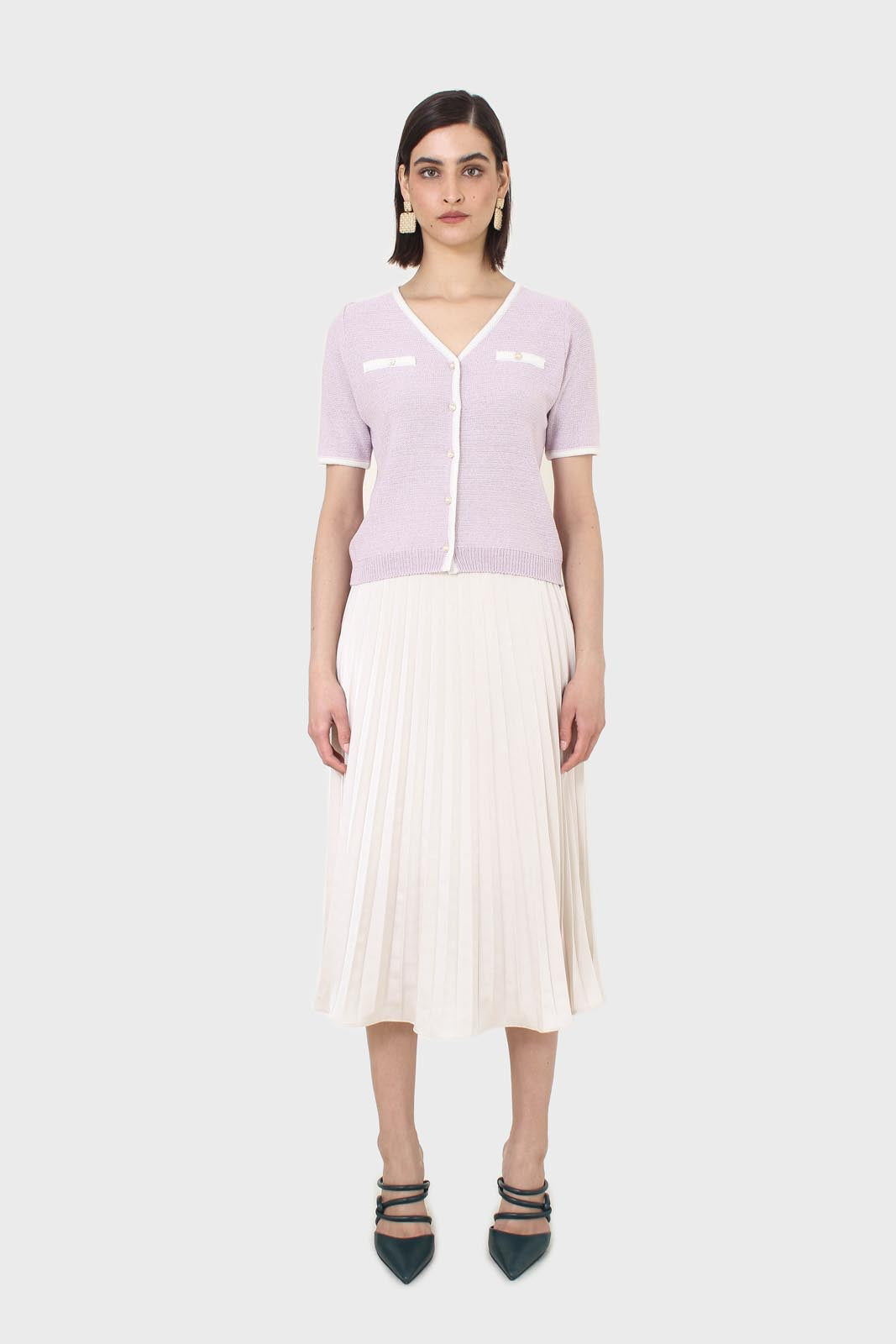 Lilac short sleeved button front knit top