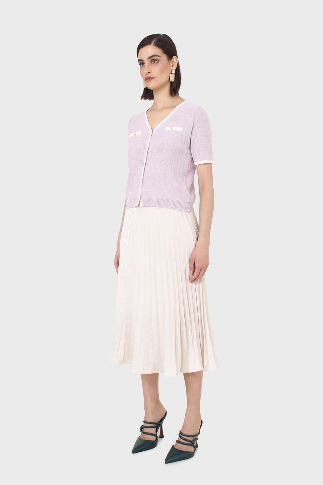 Lilac short sleeved button front knit top