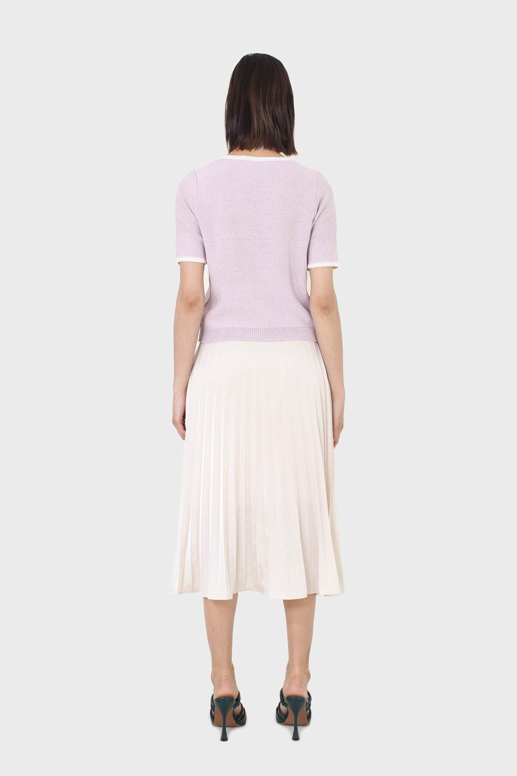 Lilac short sleeved button front knit top