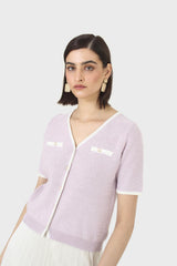Lilac short sleeved button front knit top
