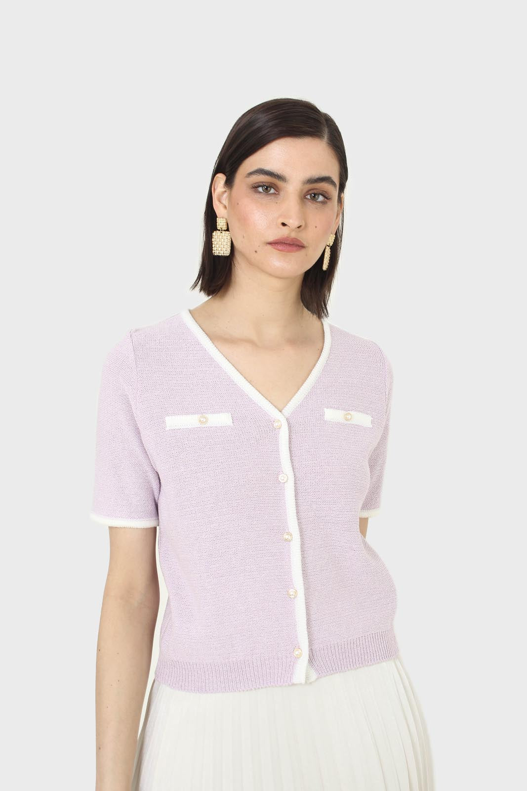 Lilac short sleeved button front knit top