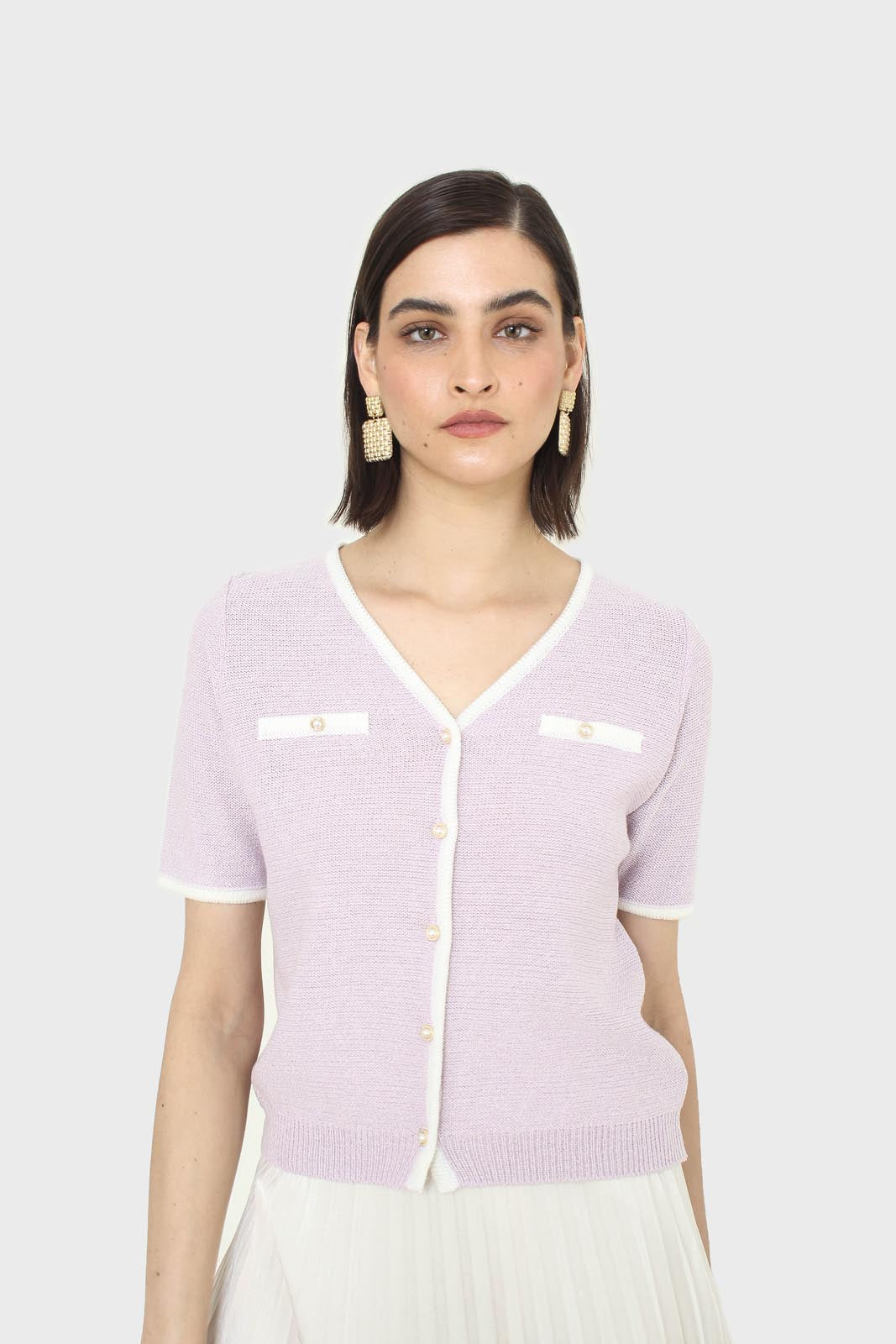 Lilac short sleeved button front knit top