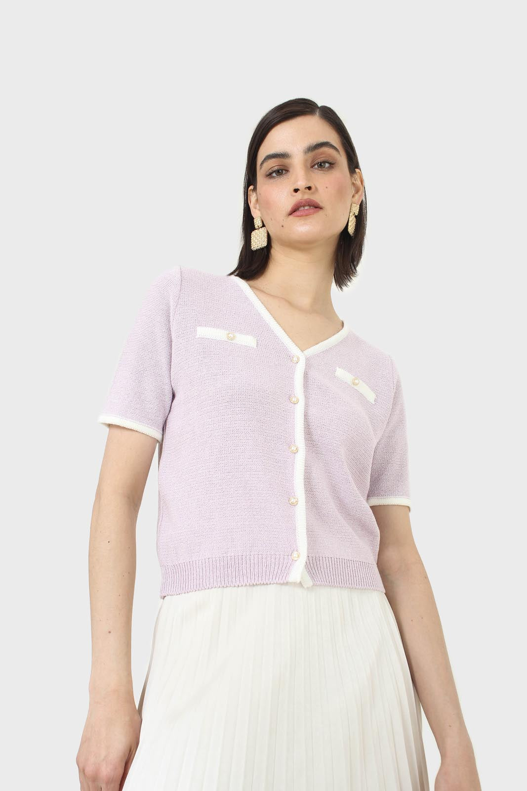 Lilac short sleeved button front knit top