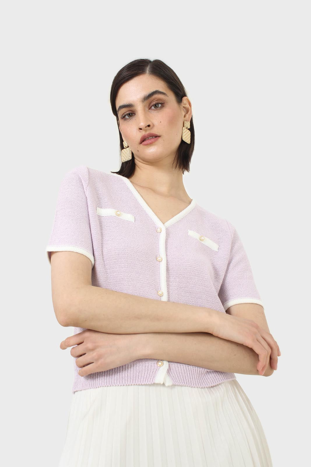Lilac short sleeved button front knit top
