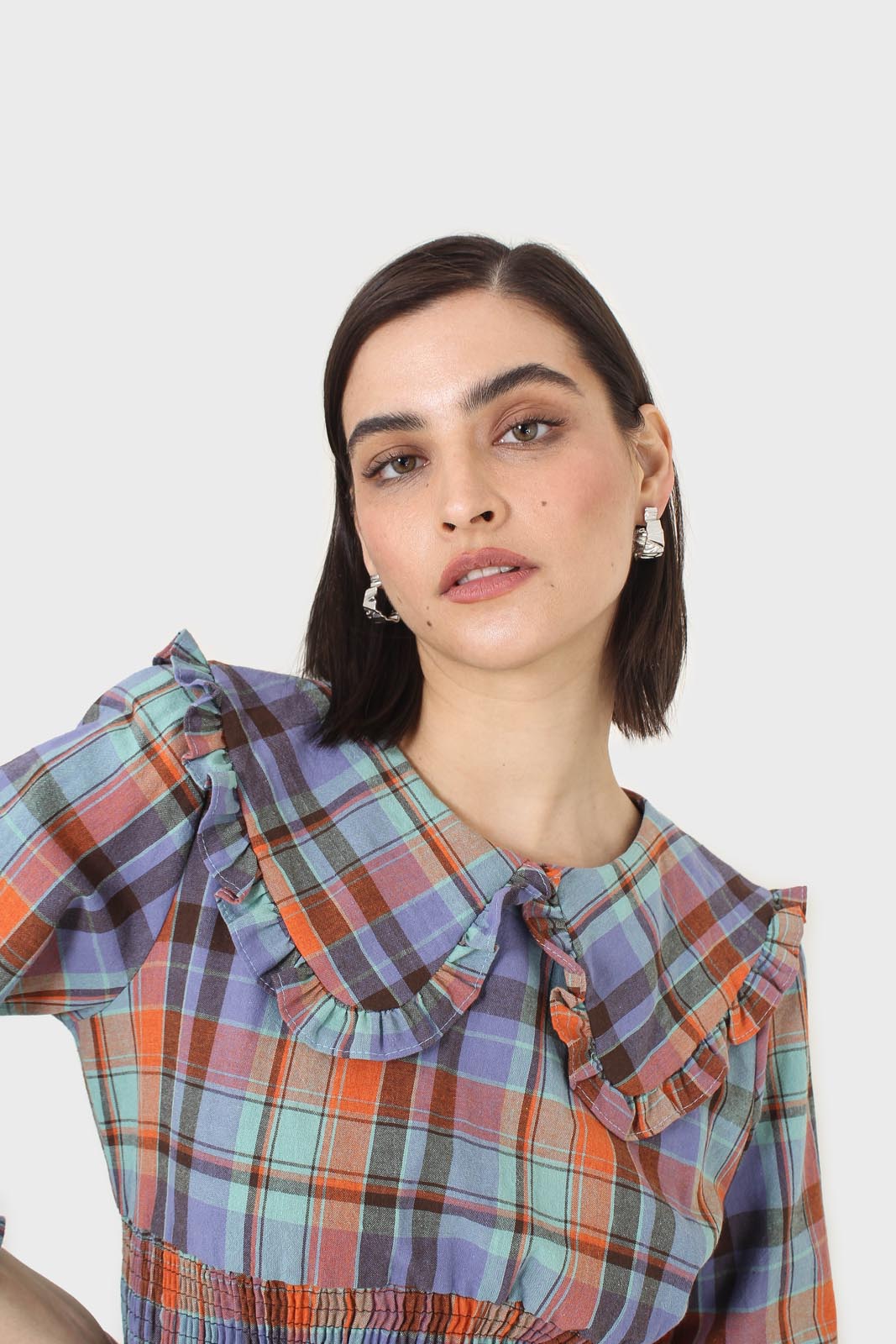 Blue and orange checked large collar blouse