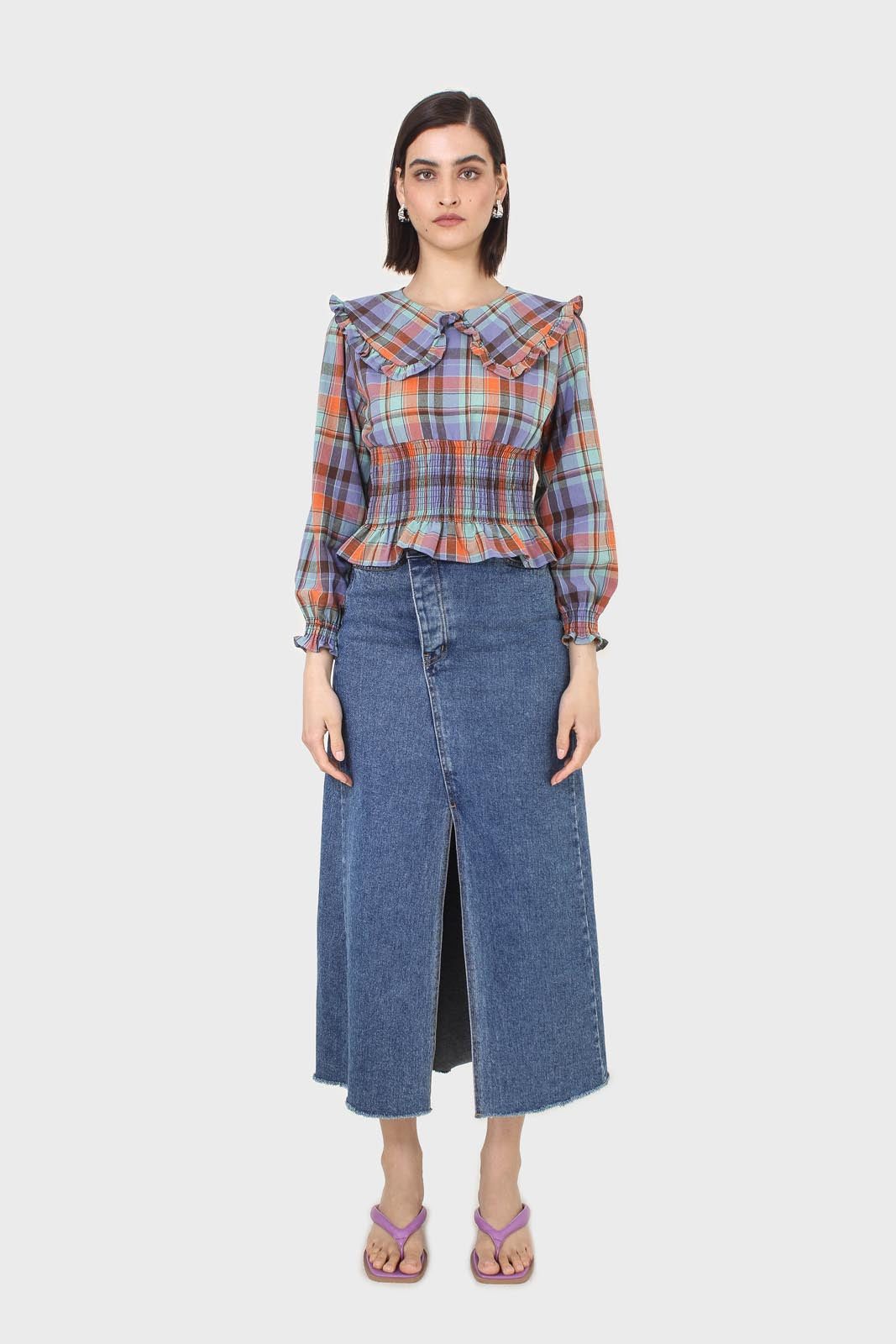Blue and orange checked large collar blouse