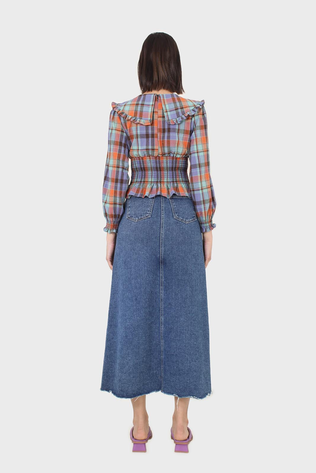 Blue and orange checked large collar blouse
