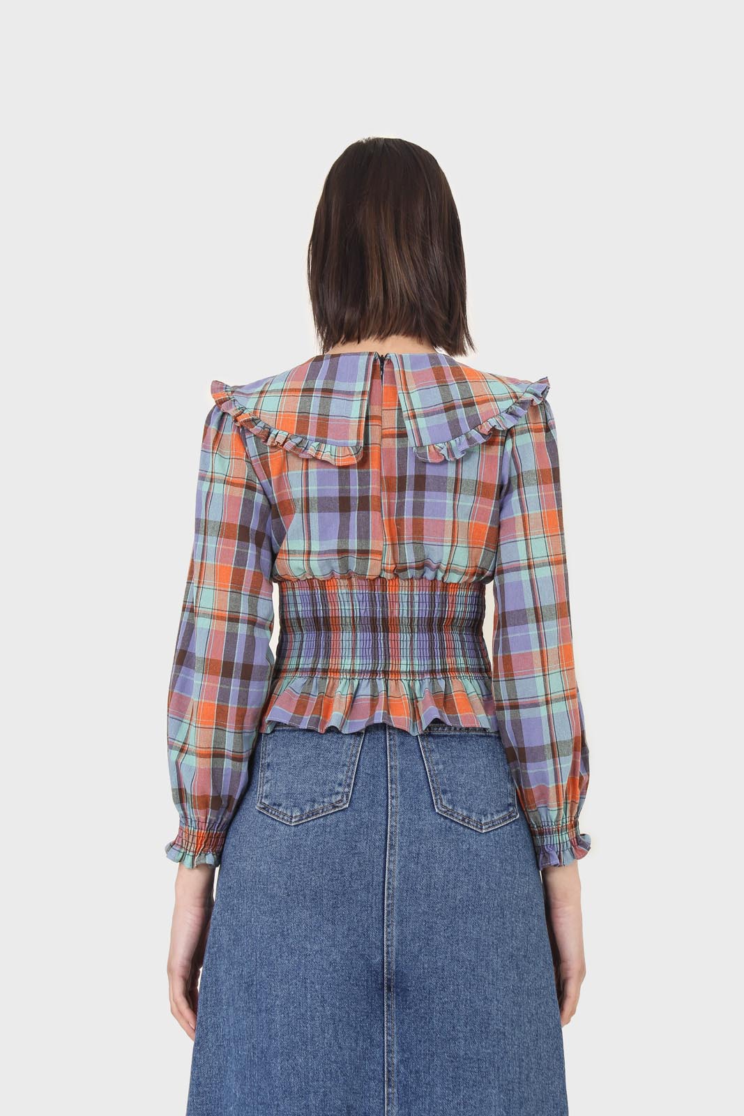 Blue and orange checked large collar blouse