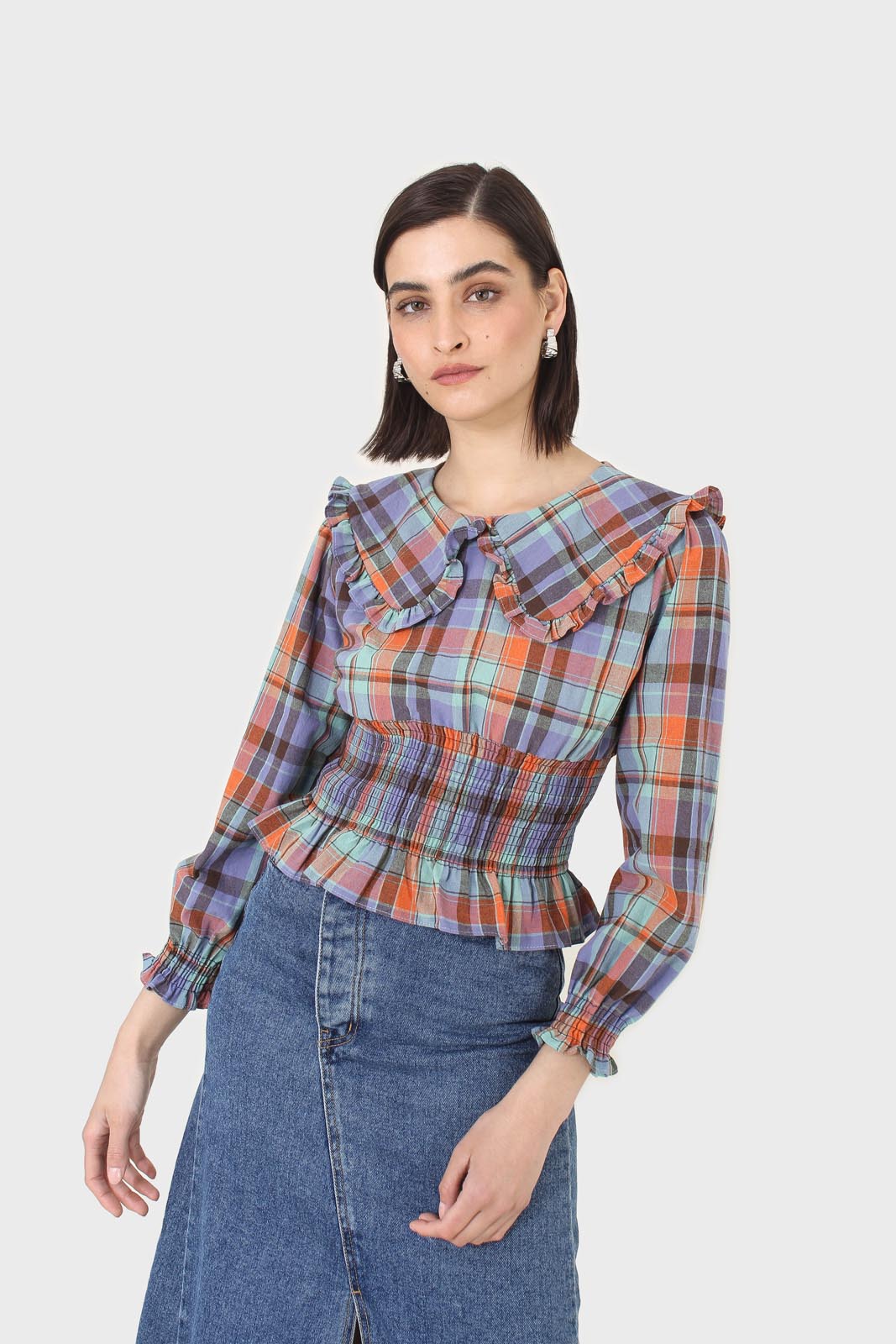 Blue and orange checked large collar blouse