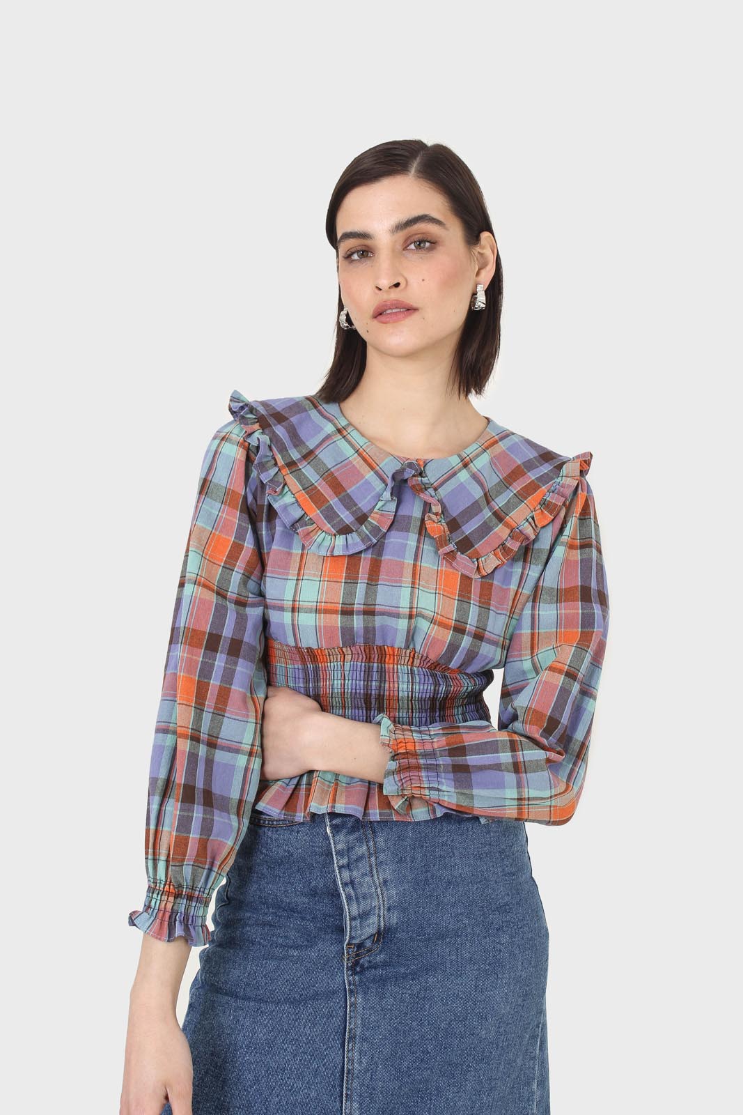 Blue and orange checked large collar blouse