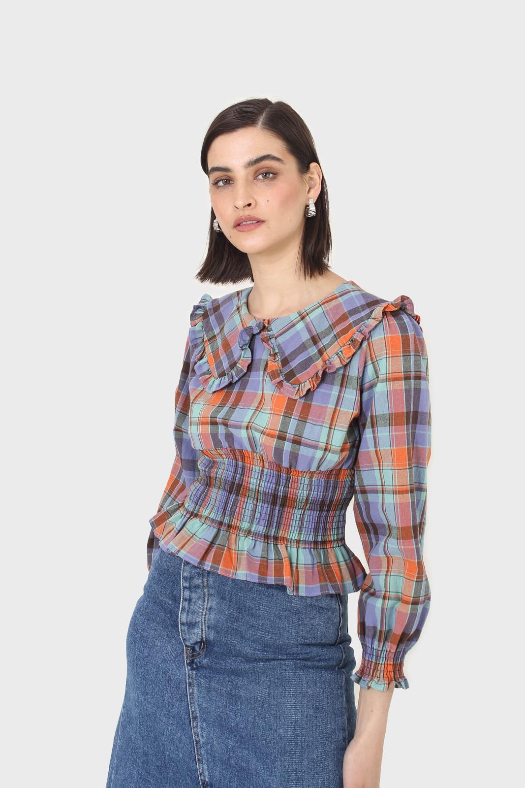 Blue and orange checked large collar blouse
