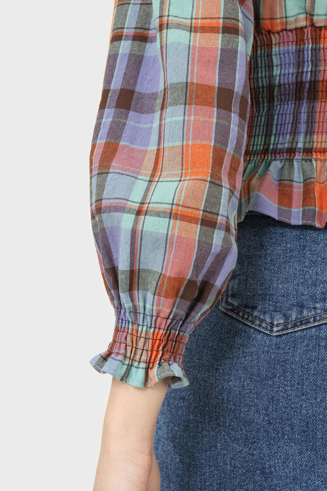 Blue and orange checked large collar blouse