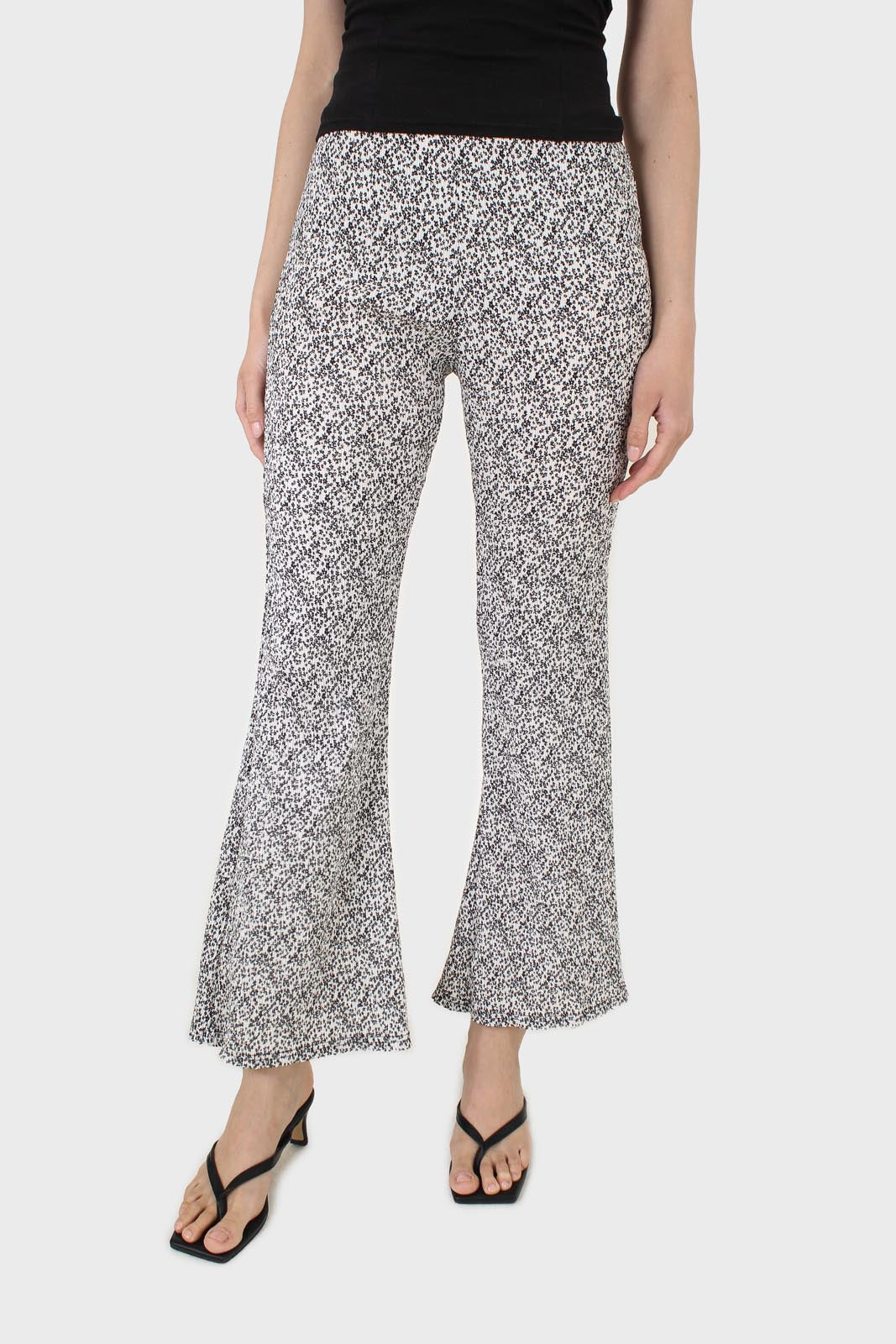 Ivory and charcoal dappled flare trousers