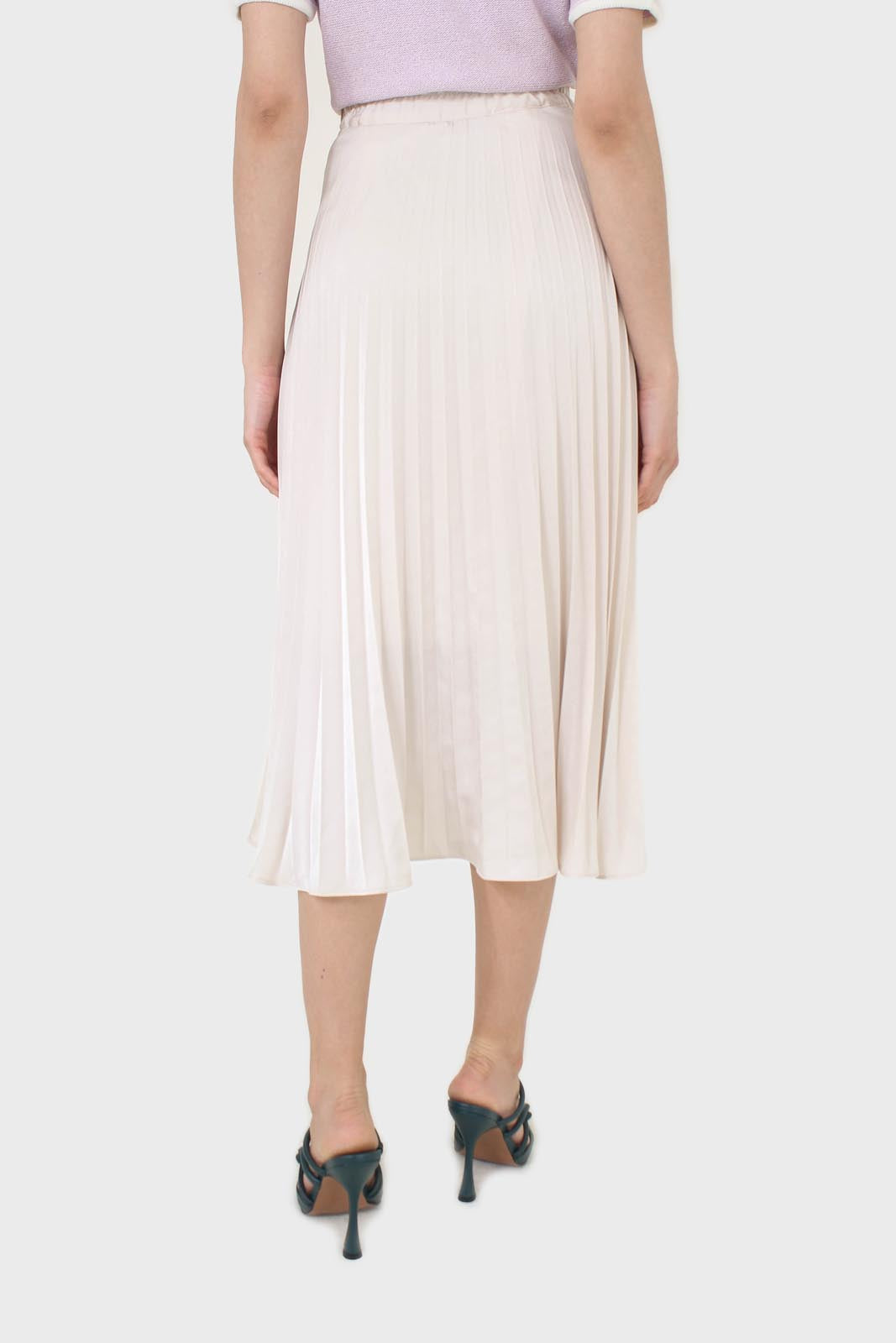 Beige metallic pleated midi skirt