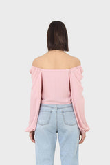 Pink double ruched tie detail long sleeved top