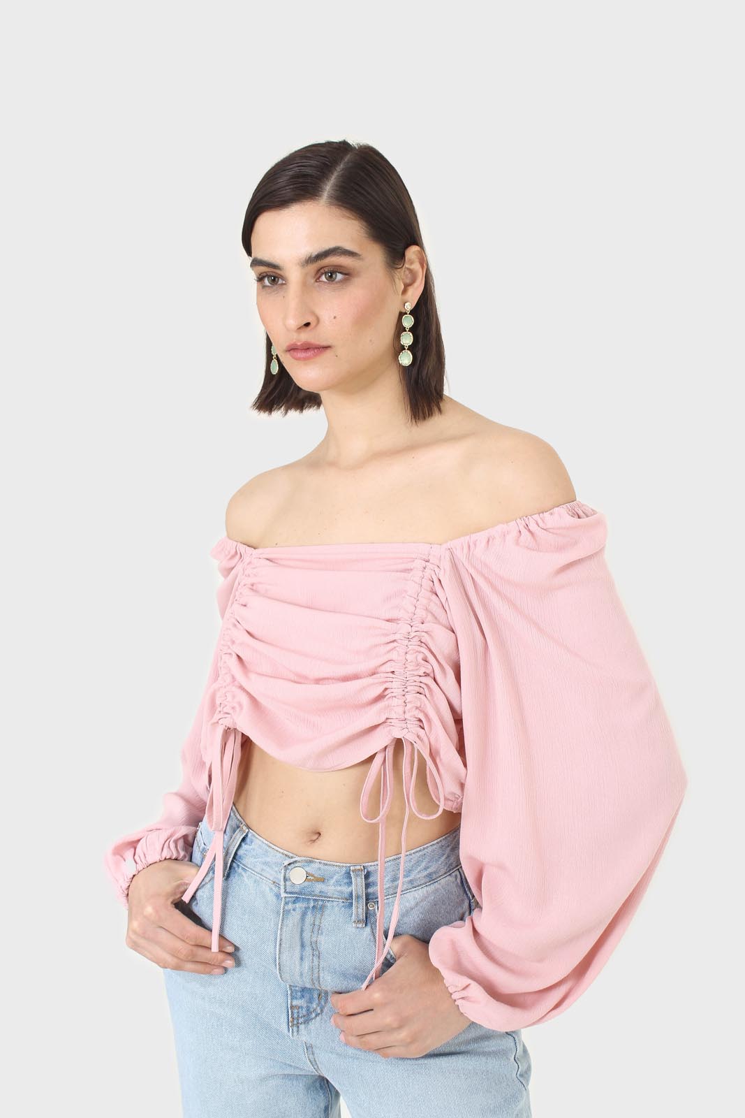 Pink double ruched tie detail long sleeved top