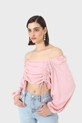 Pink double ruched tie detail long sleeved top