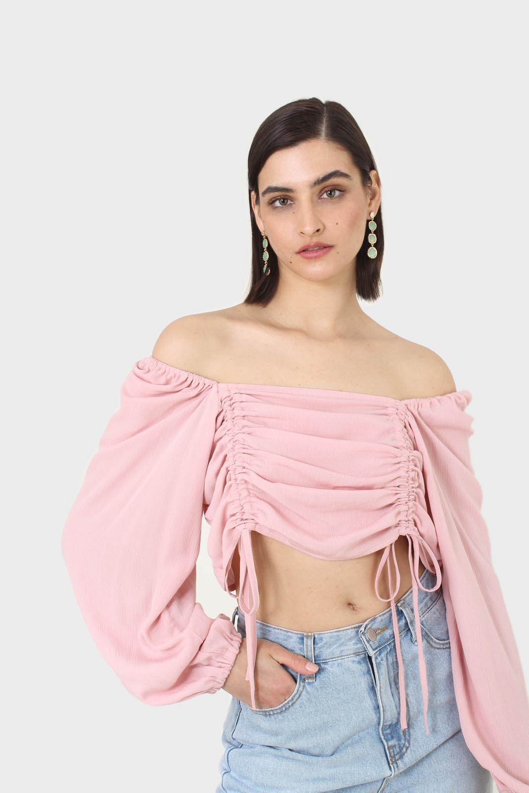 Pink double ruched tie detail long sleeved top