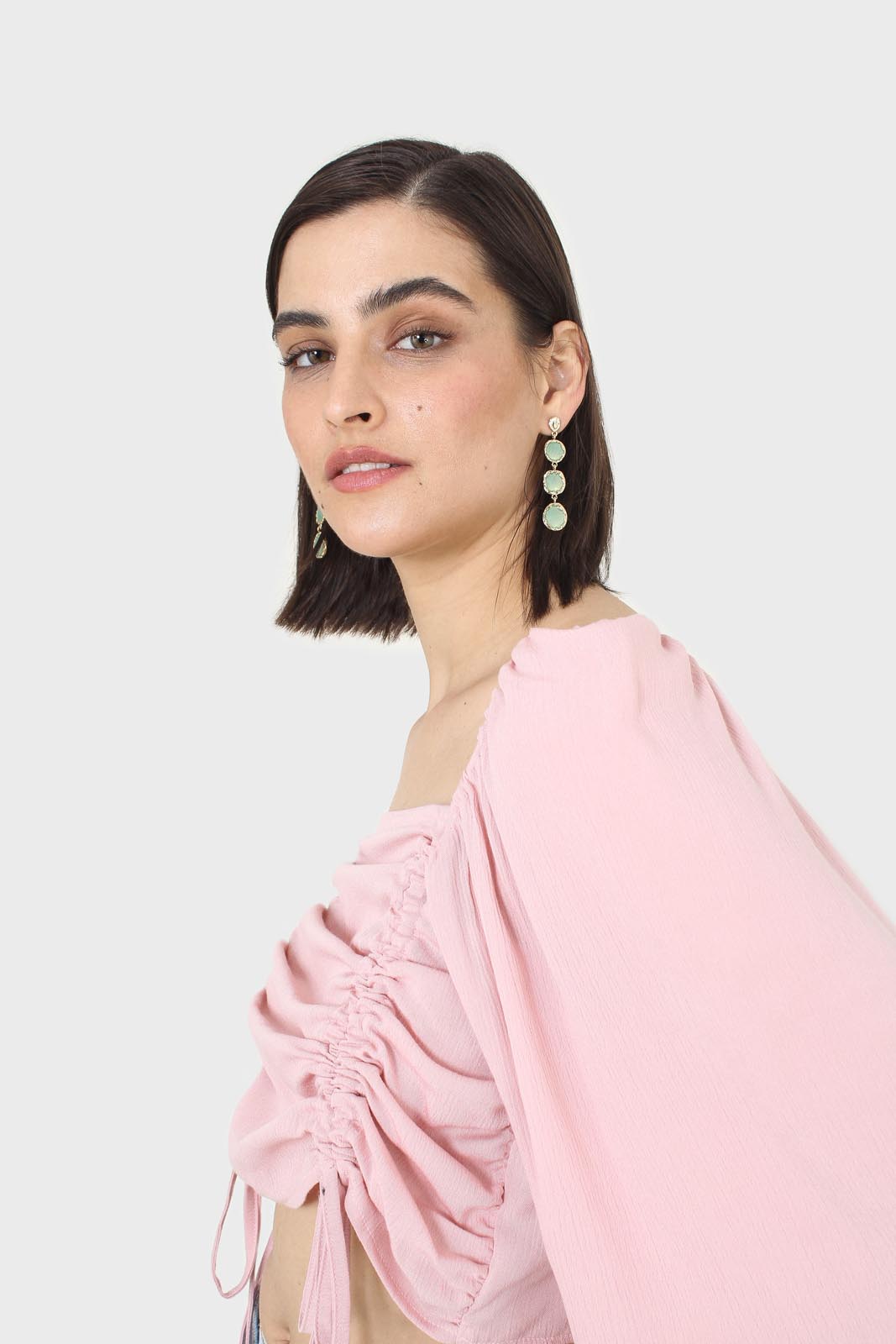 Pink double ruched tie detail long sleeved top