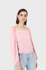 Pink double ruched tie detail long sleeved top