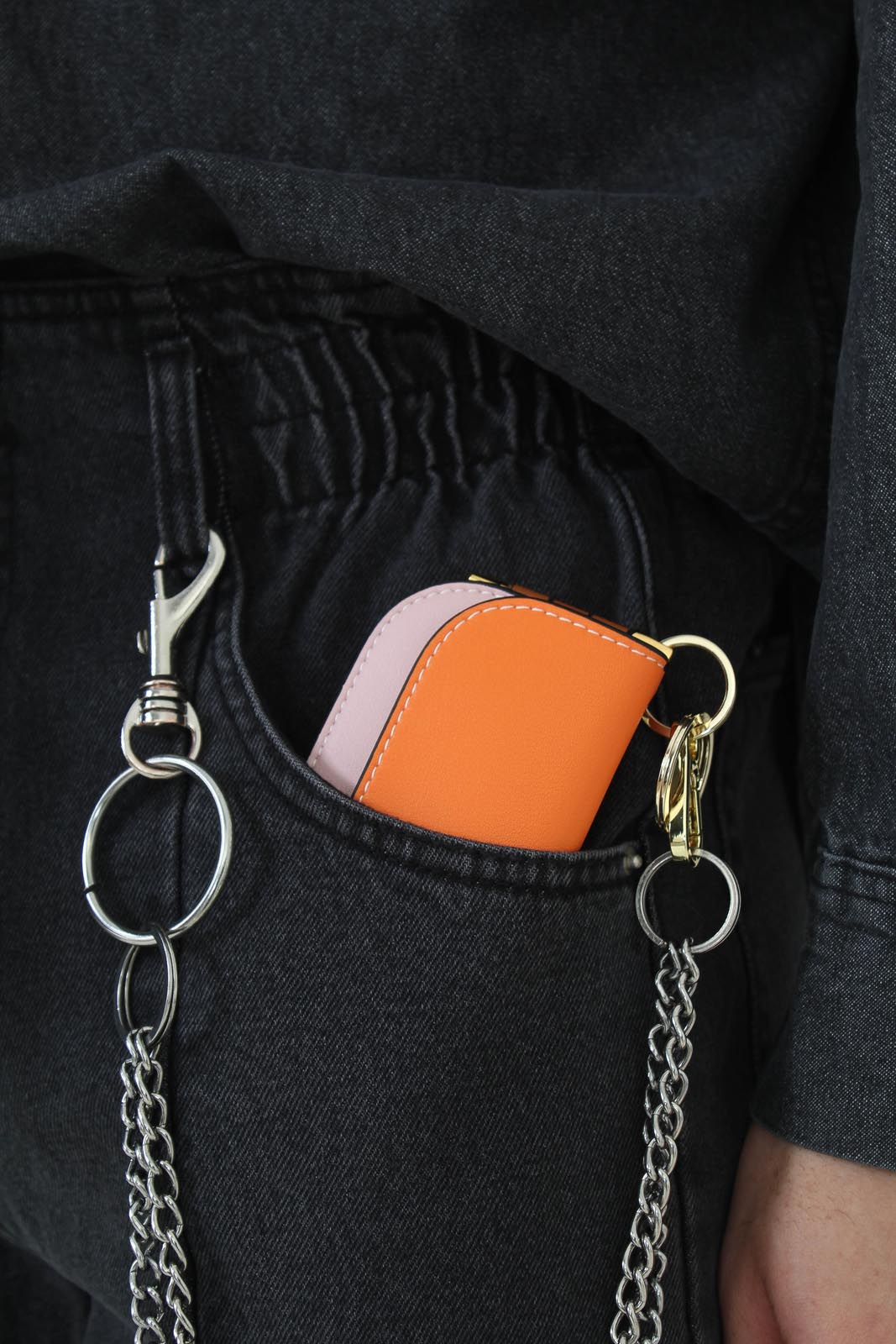 Pink and orange genuine leather cardholder and pen set
