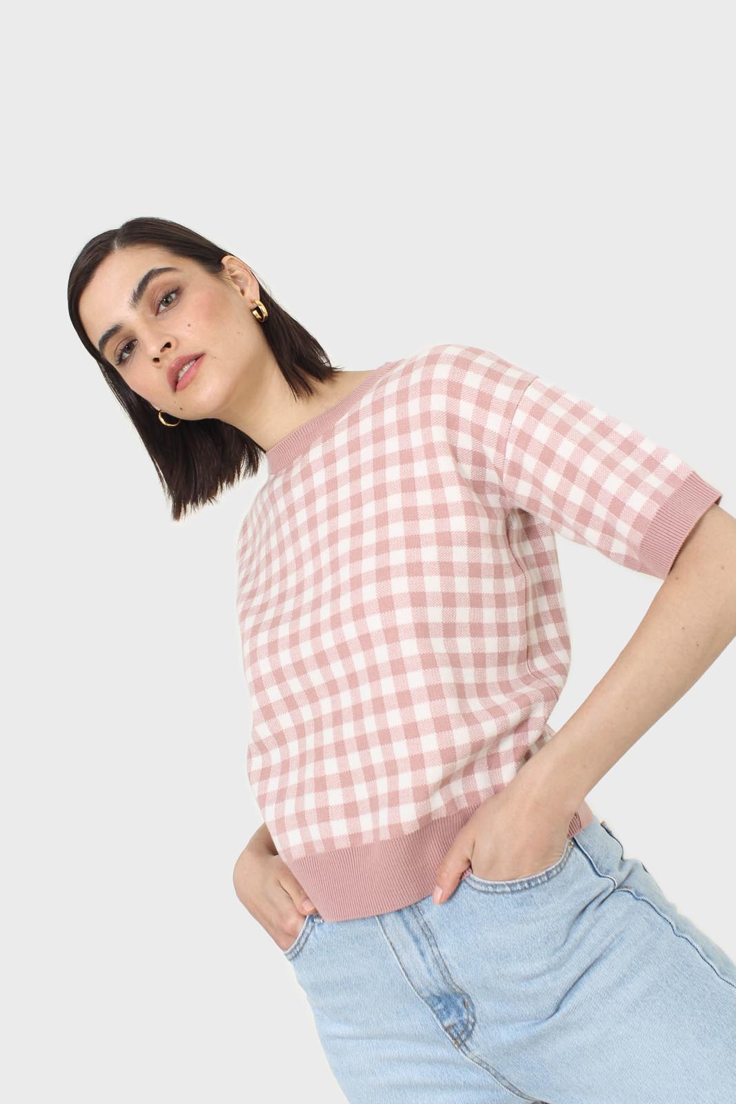 Pink and ivory gingham check knit top
