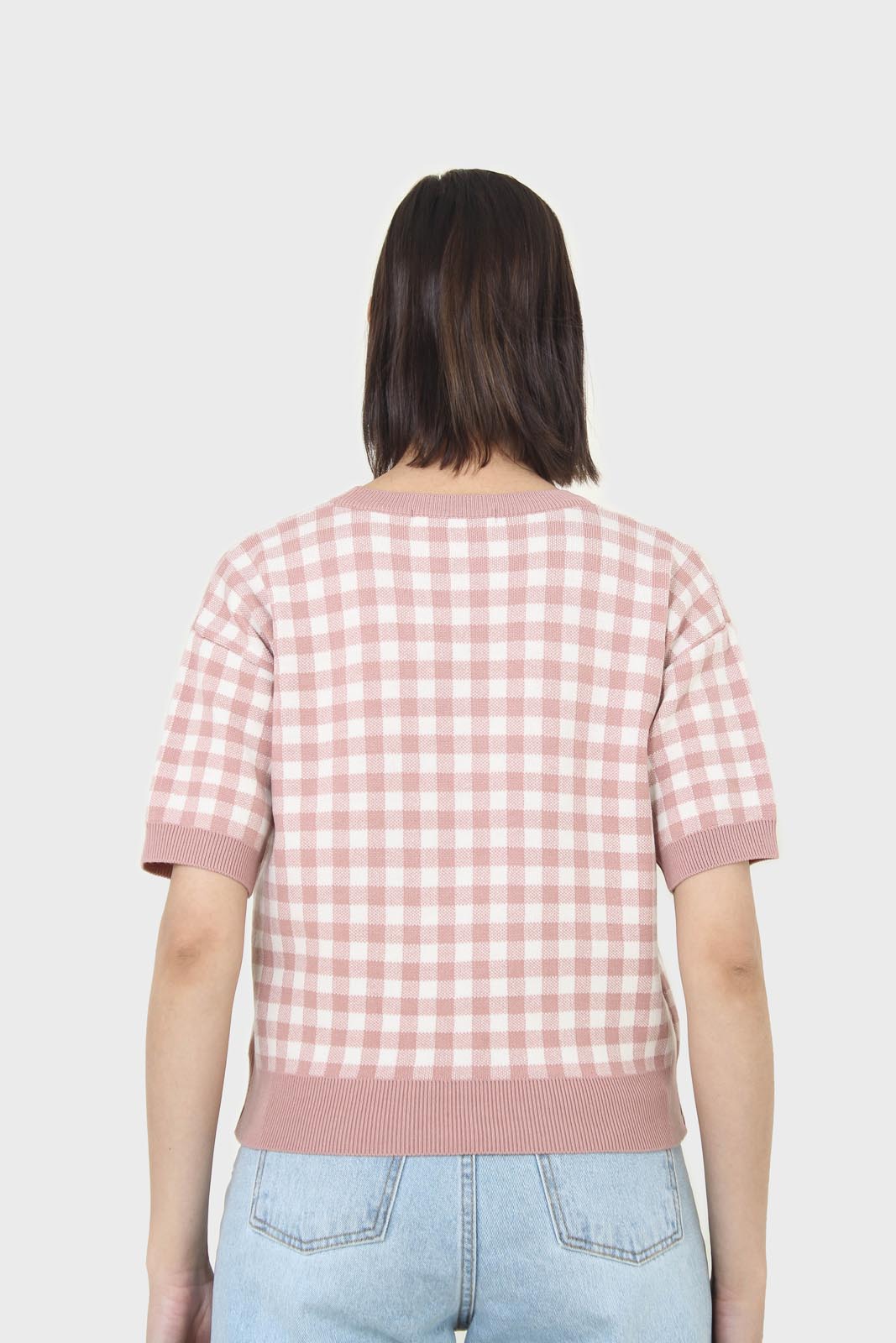 Pink and ivory gingham check knit top