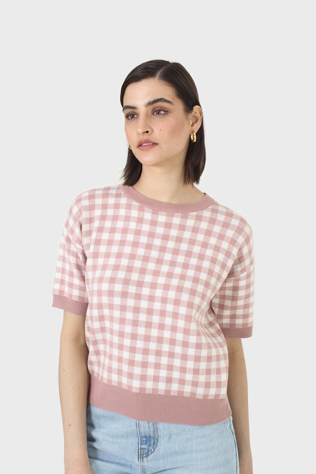 Pink and ivory gingham check knit top