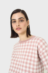 Pink and ivory gingham check knit top