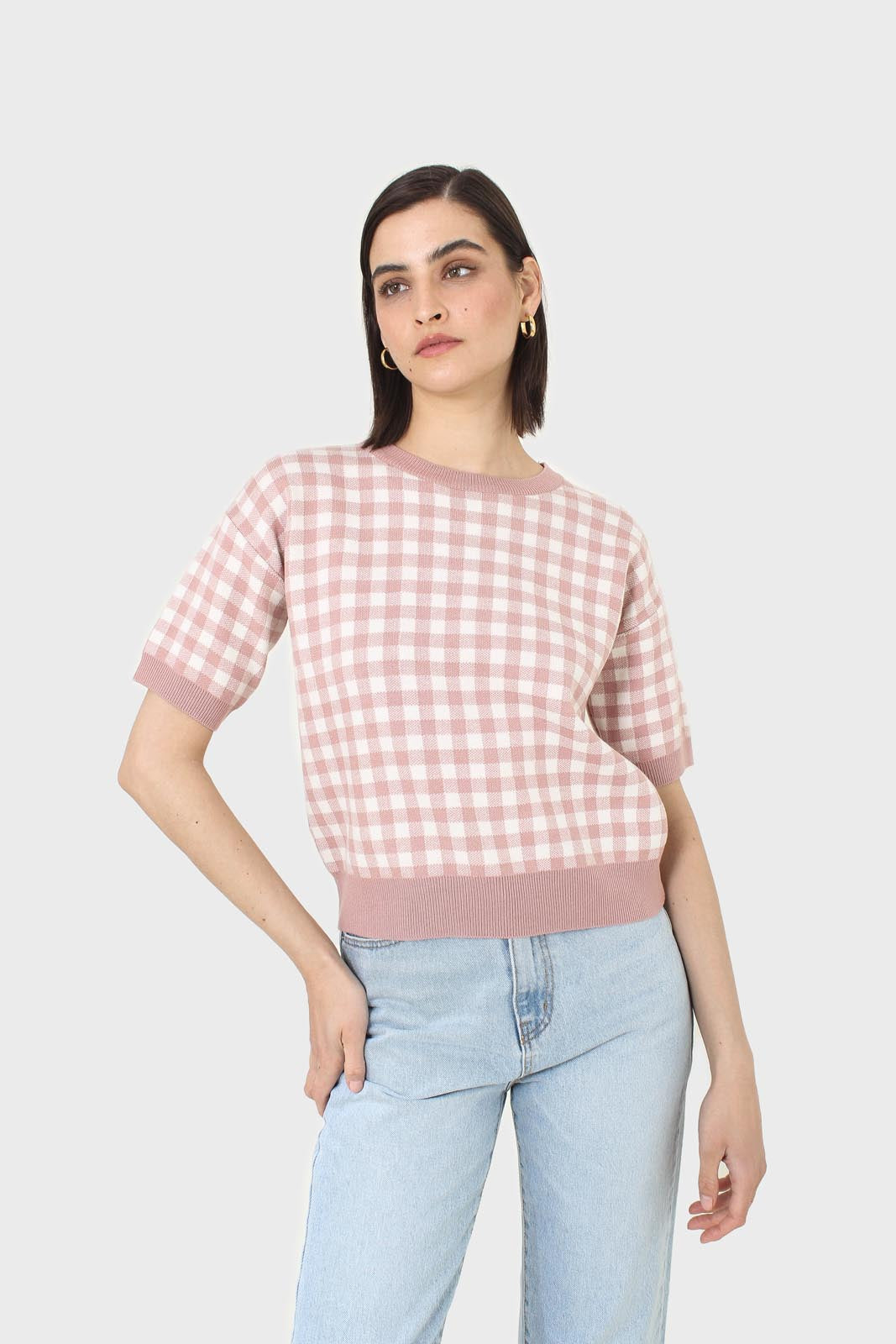 Pink and ivory gingham check knit top