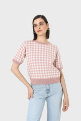 Pink and ivory gingham check knit top