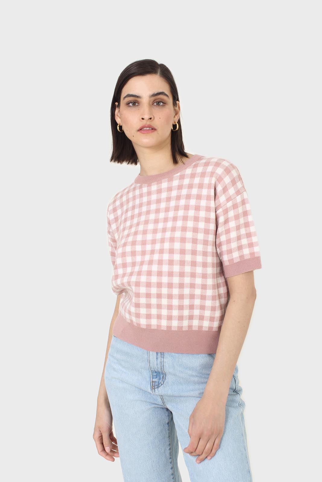 Pink and ivory gingham check knit top