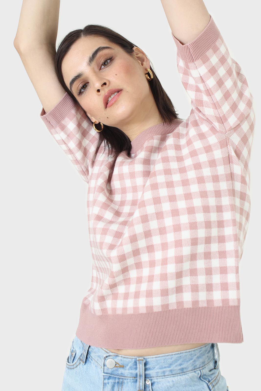 Pink and ivory gingham check knit top