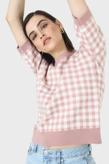Pink and ivory gingham check knit top