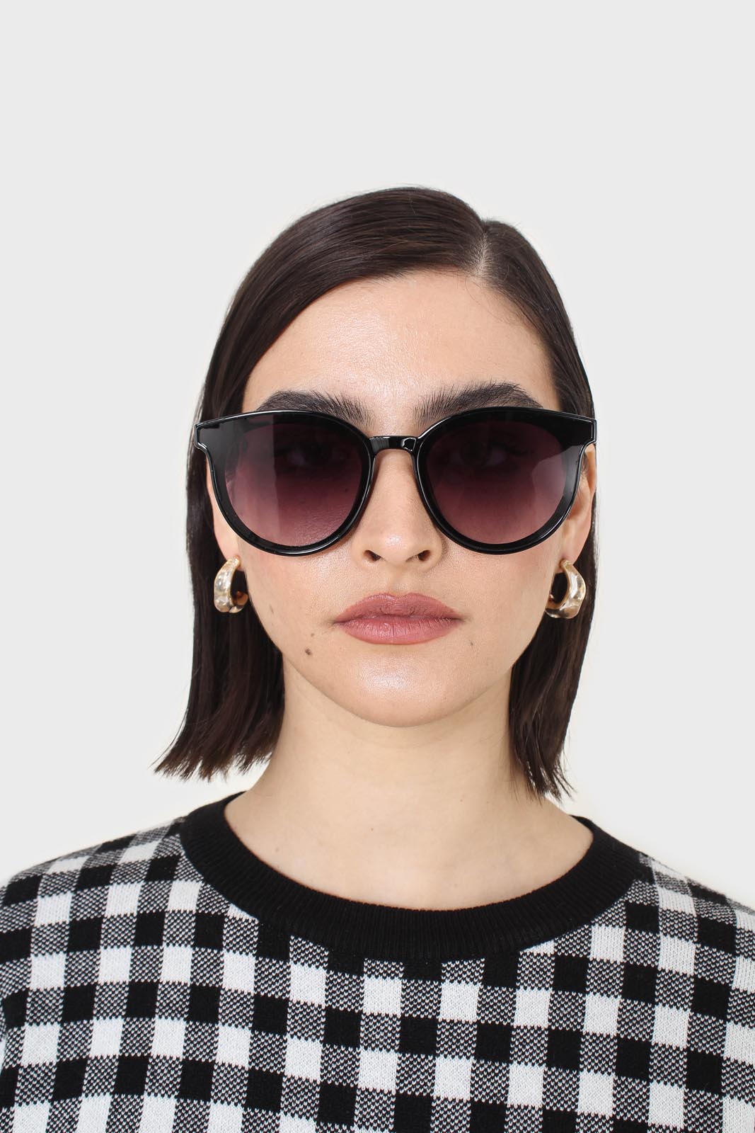 Black and ivory gingham check knit top