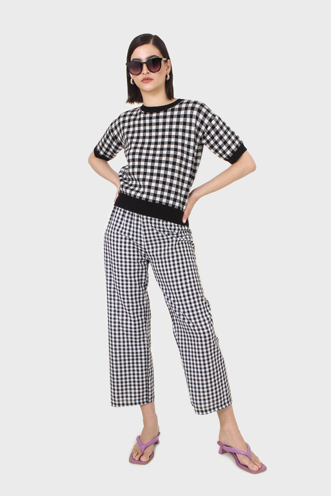 Black and white gingham loose fit trousers
