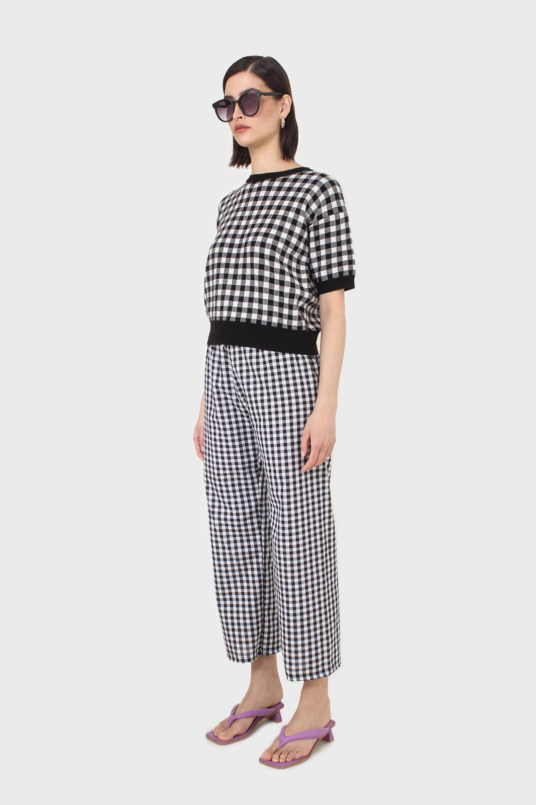 Black and ivory gingham check knit top