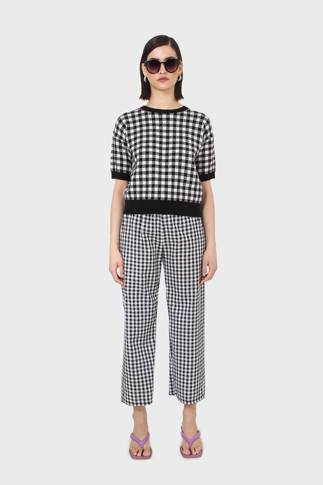 Black and ivory gingham check knit top