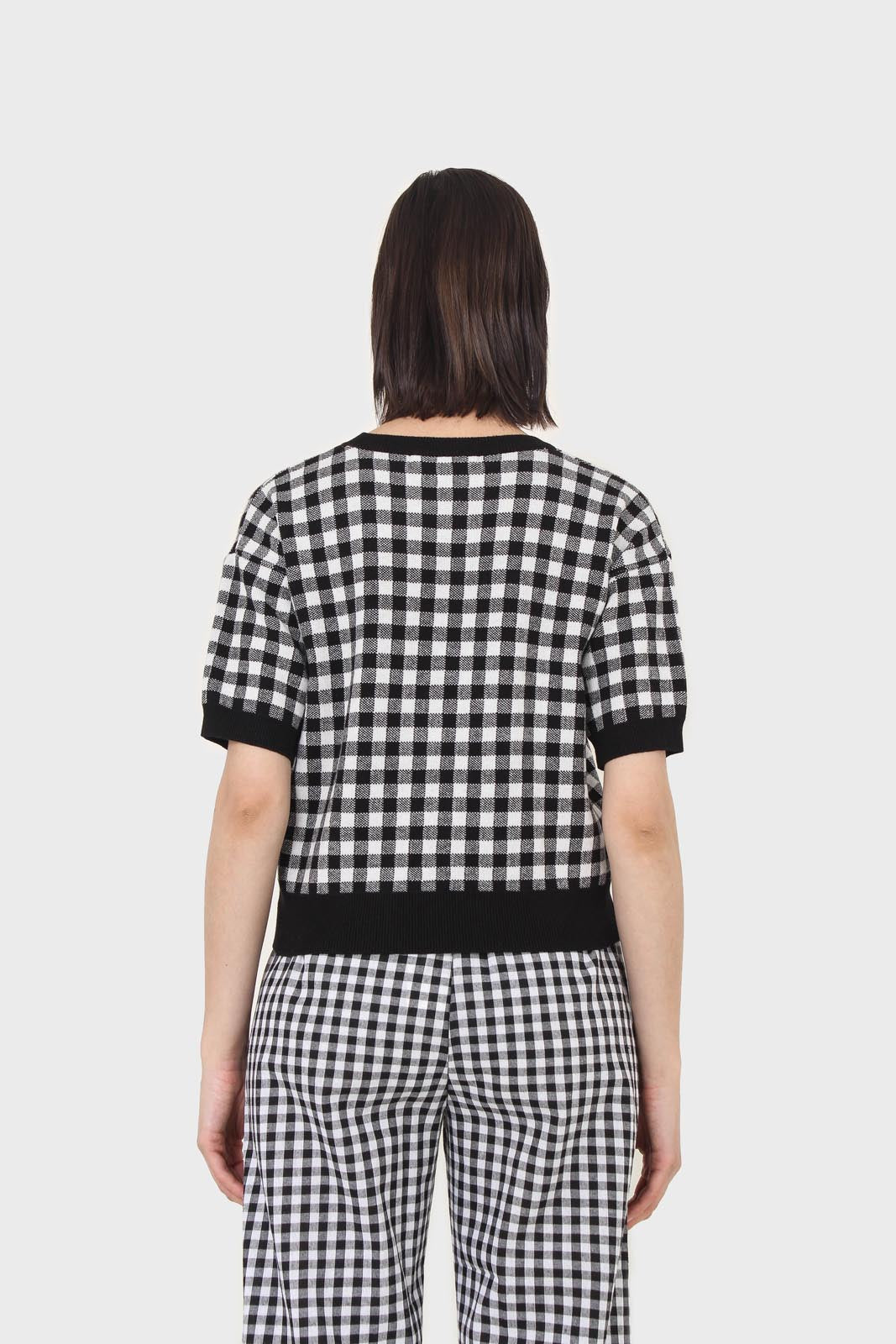 Black and ivory gingham check knit top