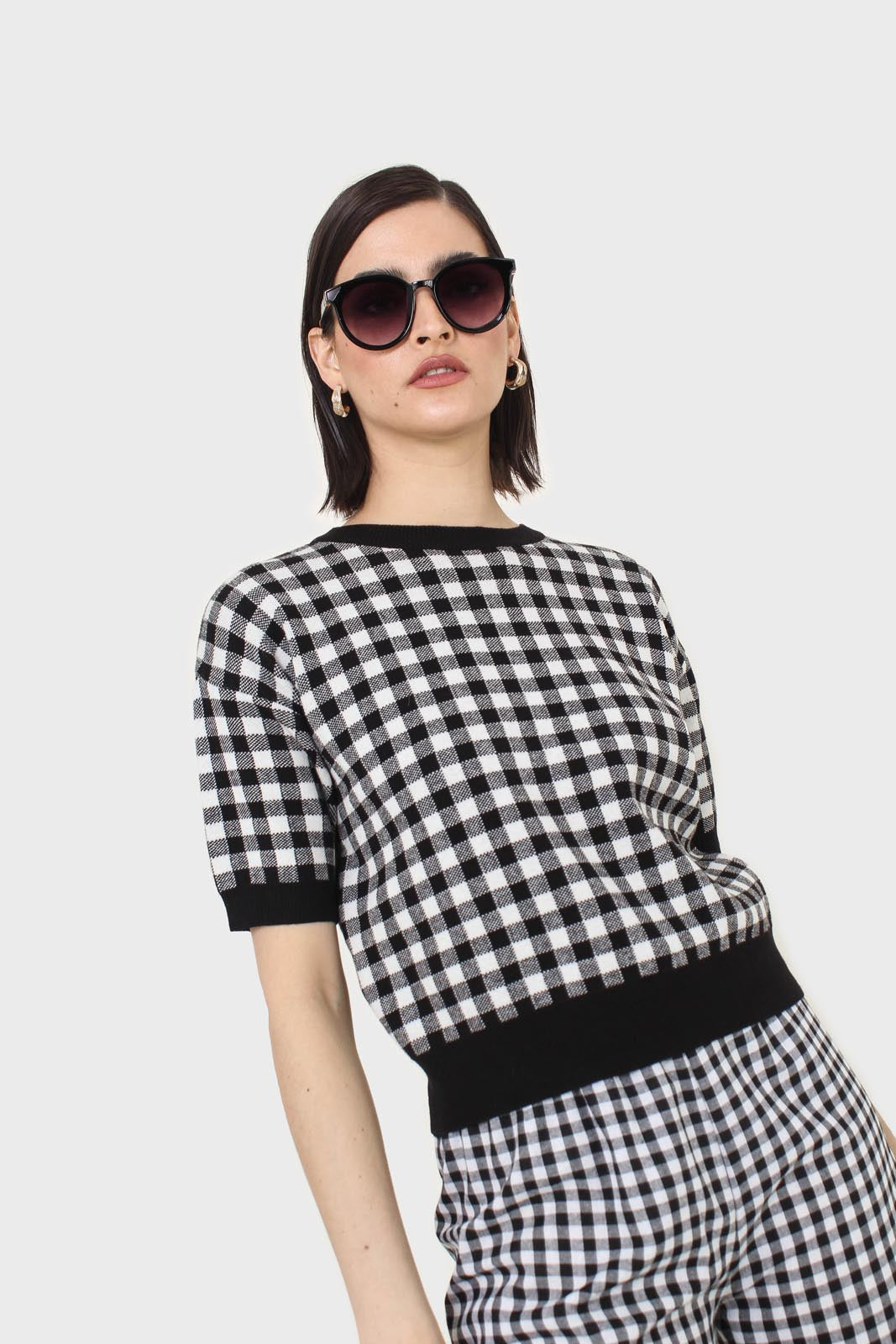 Black and ivory gingham check knit top